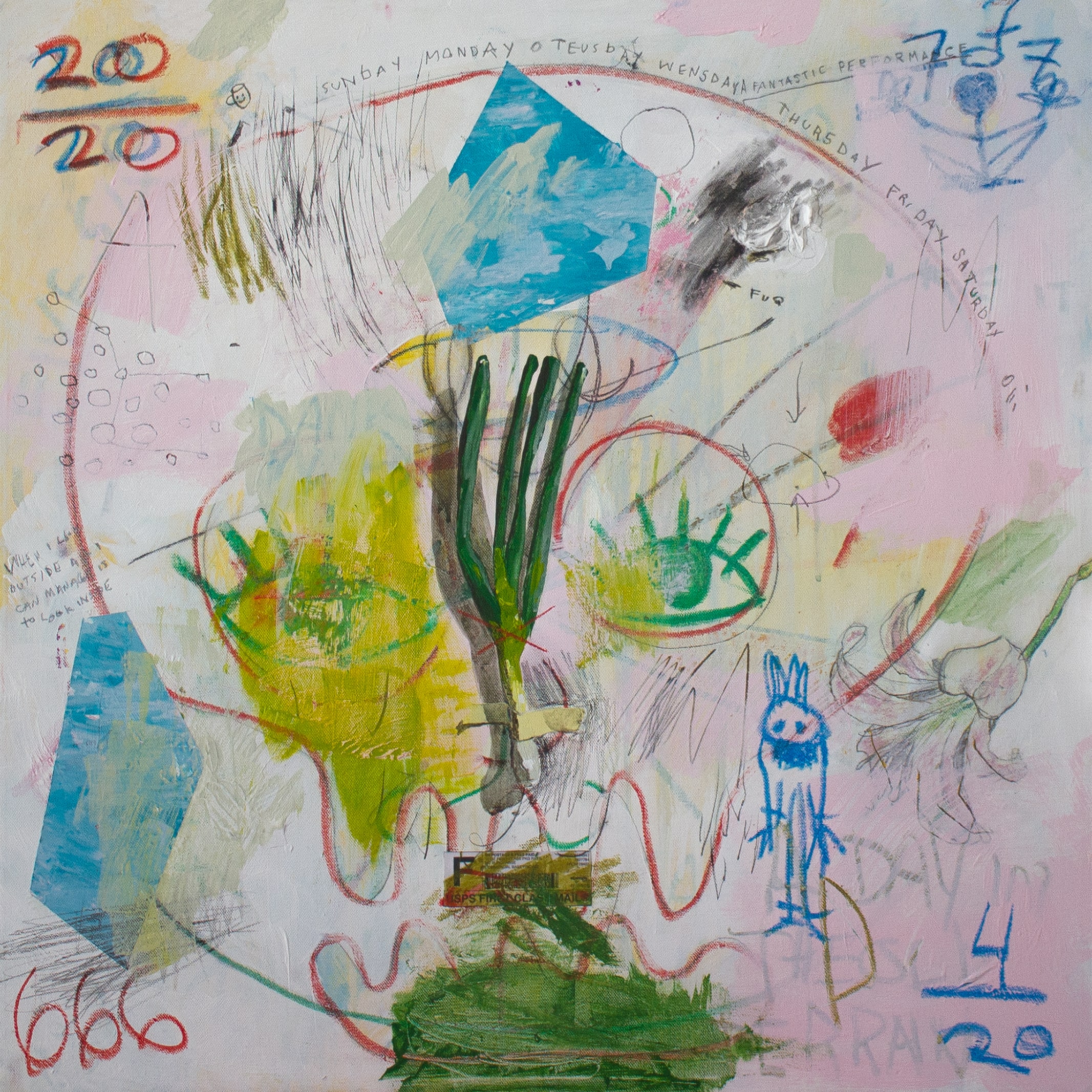 The All Seeing Lauchzwiebeln Acrylic, graphite, oil pastel on canvas 73 x 73 cm