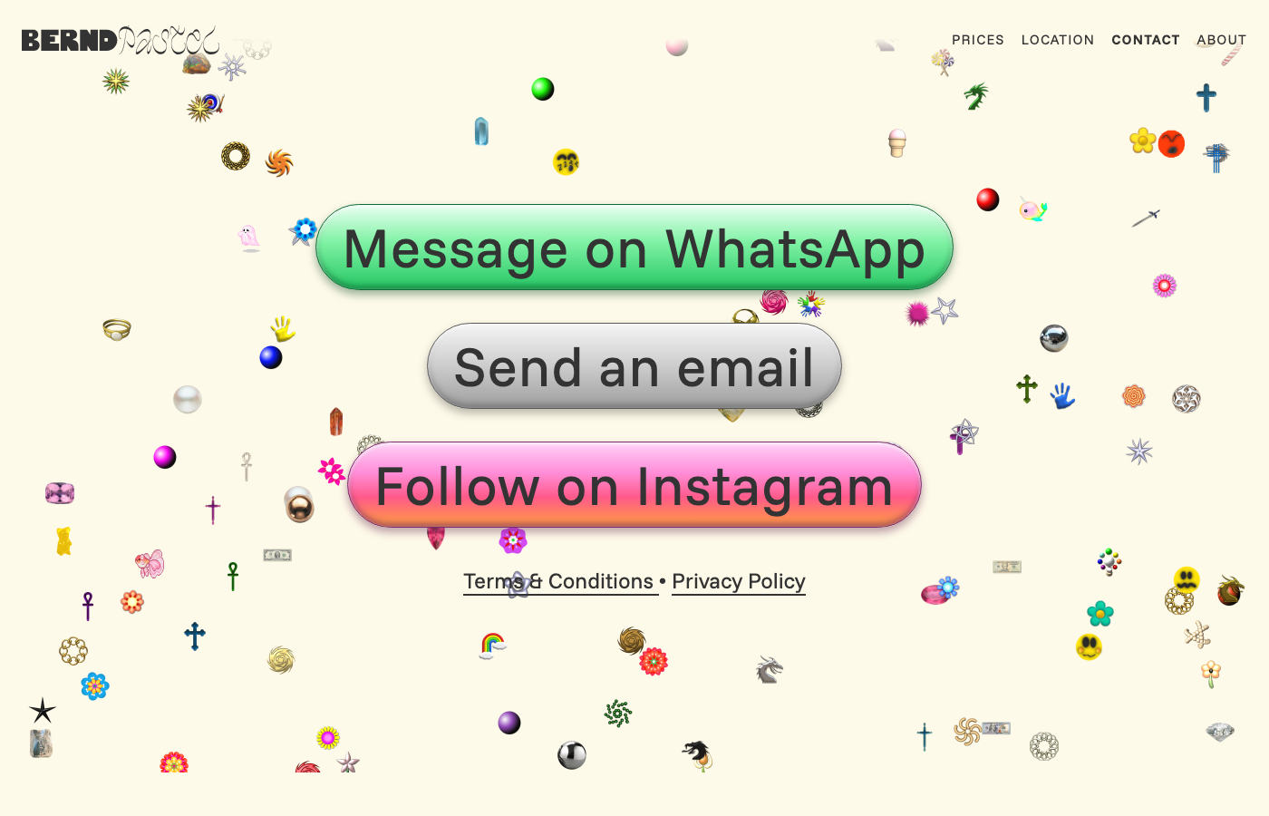 Contact page with booking links.