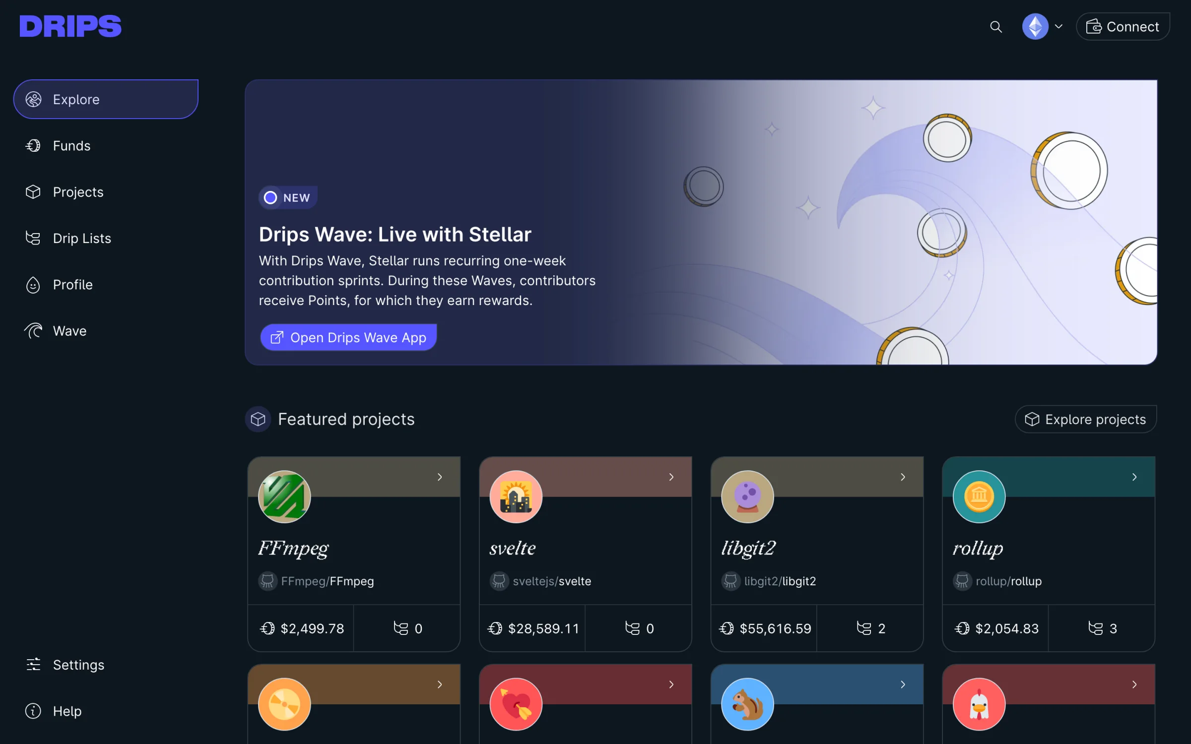 The Explore page in the dark theme.