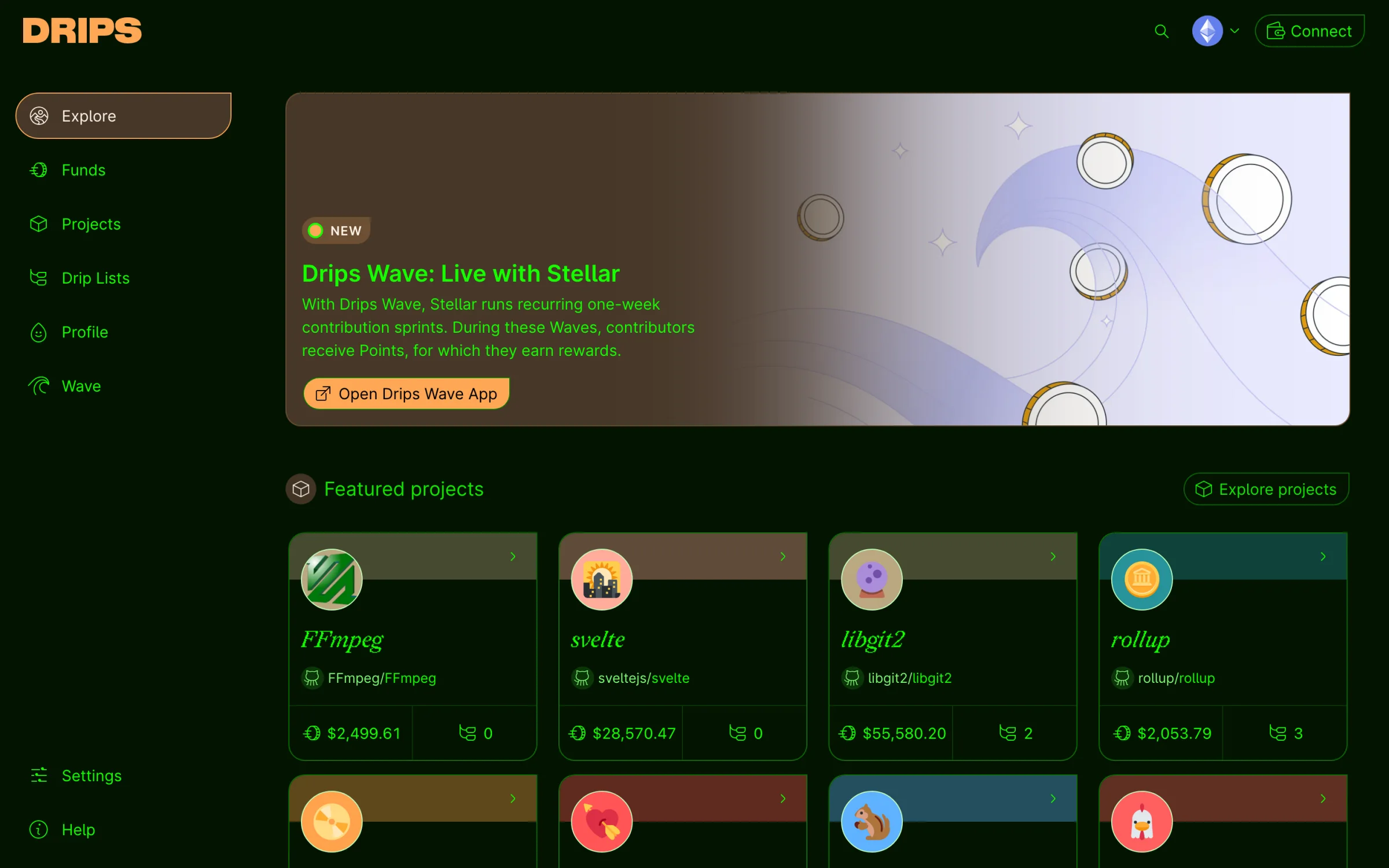The Explore page in the h4x0r theme, green on black with an orange primary.