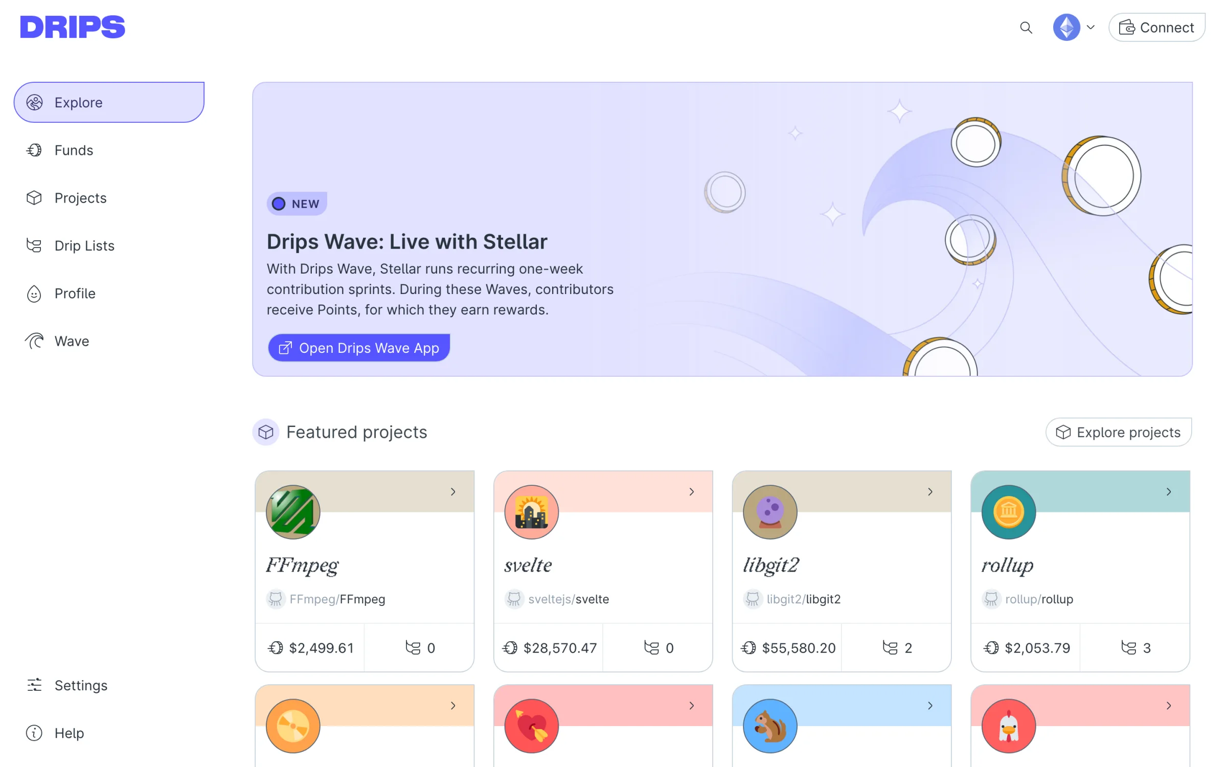 The Explore page of the Drips app.