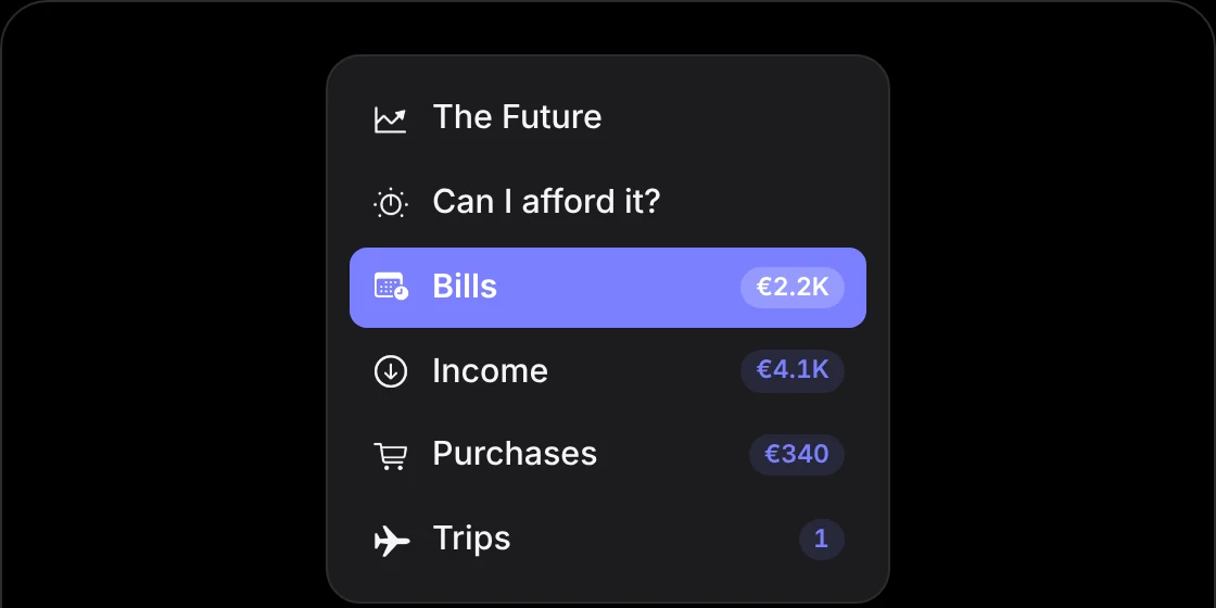 The Mac sidebar: The Future, Can I afford it, Bills, Income, Purchases and Trips, each with a running total.