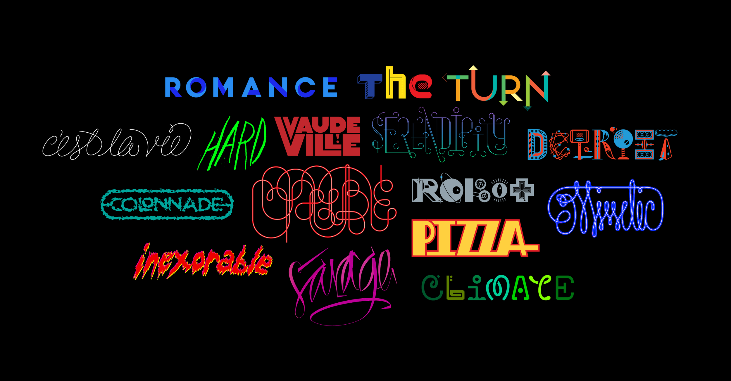 Type and illustrative lettering for various contexts.