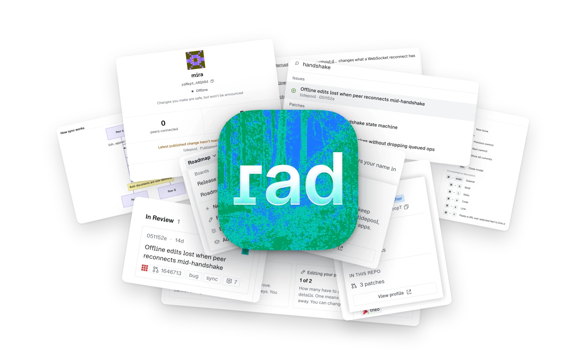 Radicle Desktop’s app icon, surrounded by pieces of the app.