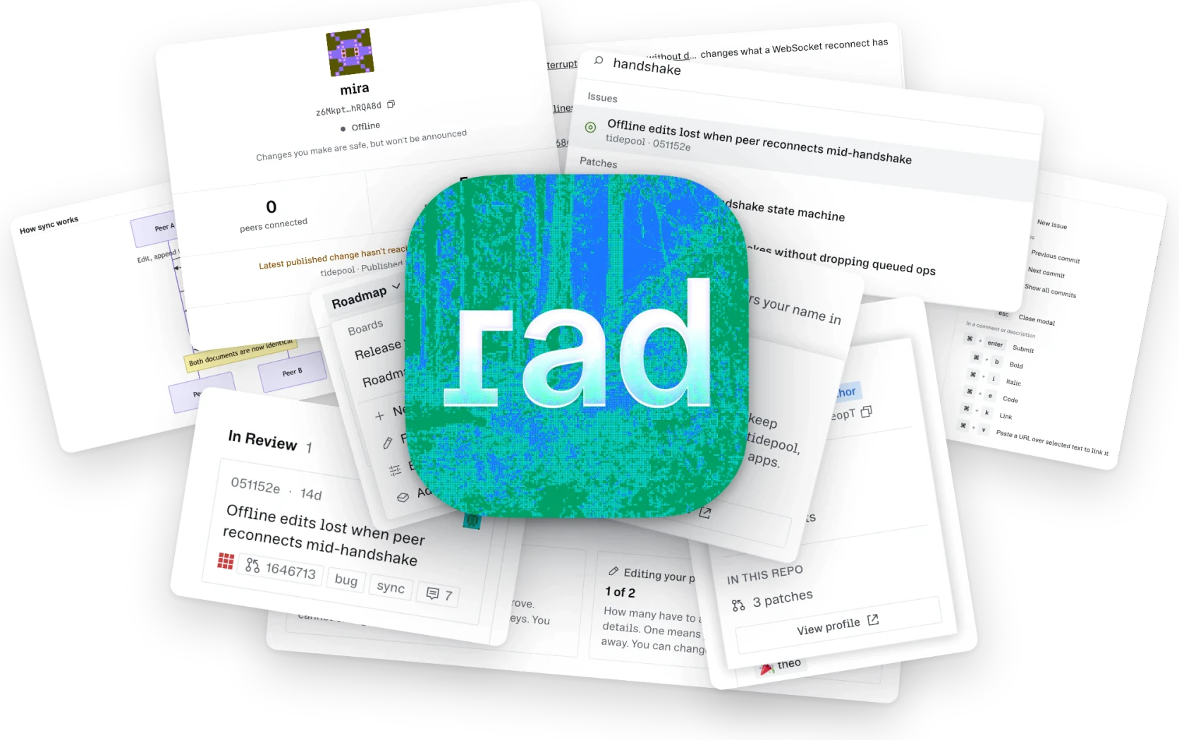Radicle Desktop’s app icon, surrounded by pieces of the app.