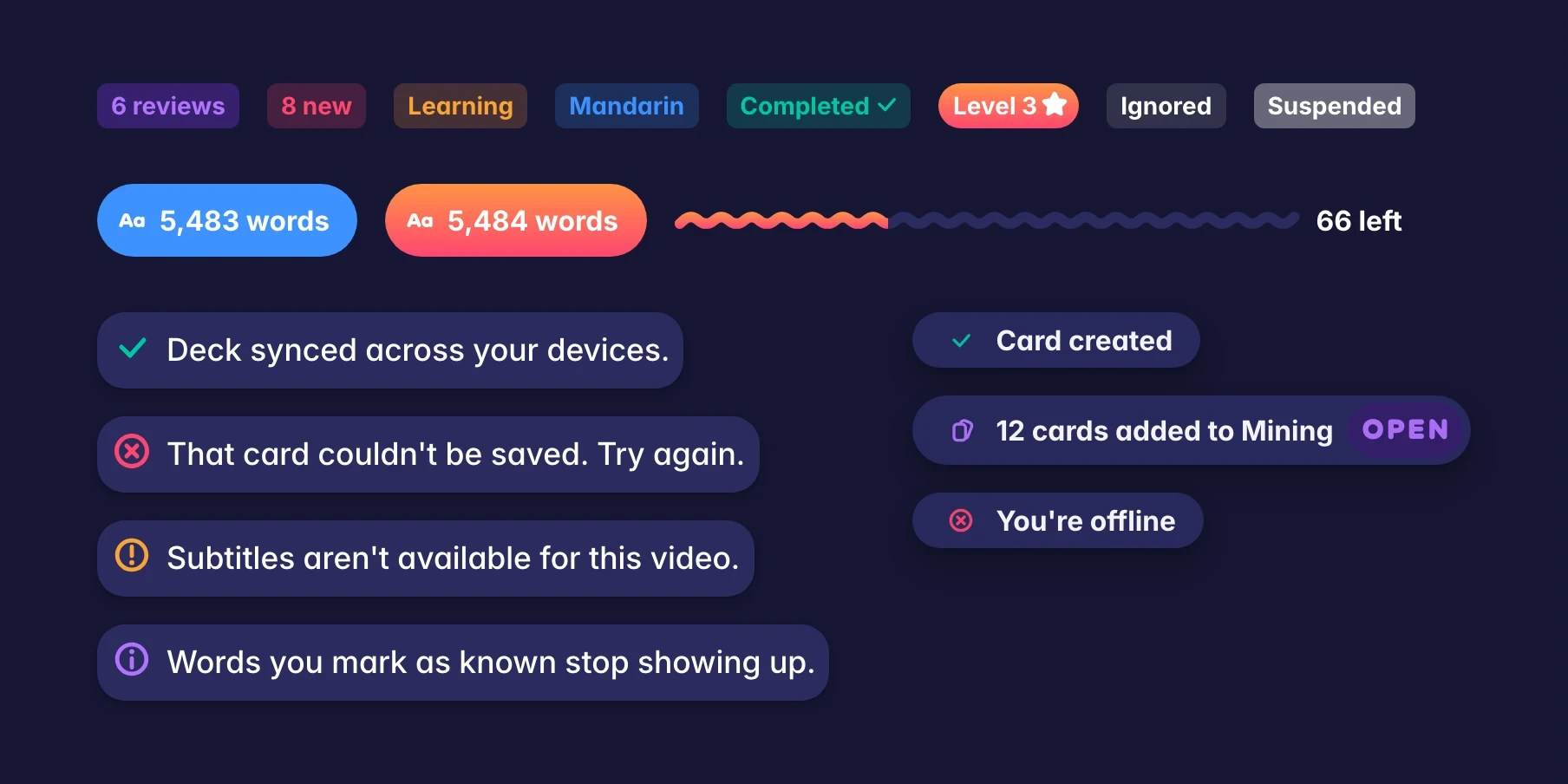 Dark theme: status labels, known-words counters, progress bar, callouts and toasts.