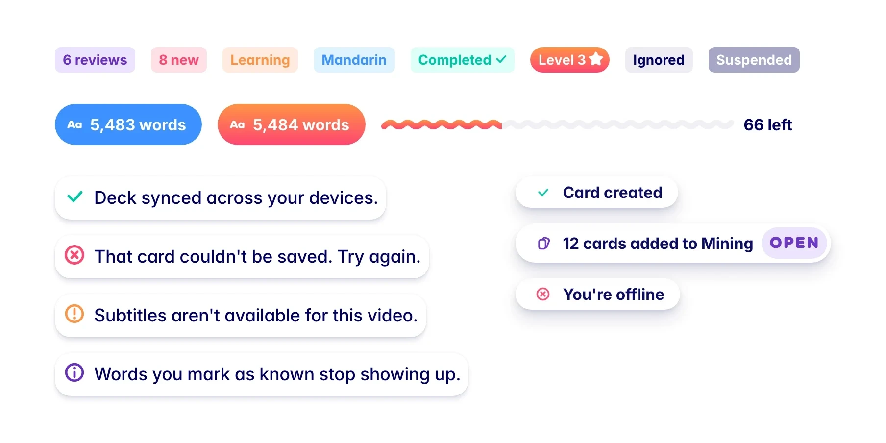 Light theme: status labels, known-words counters, progress bar, callouts and toasts.
