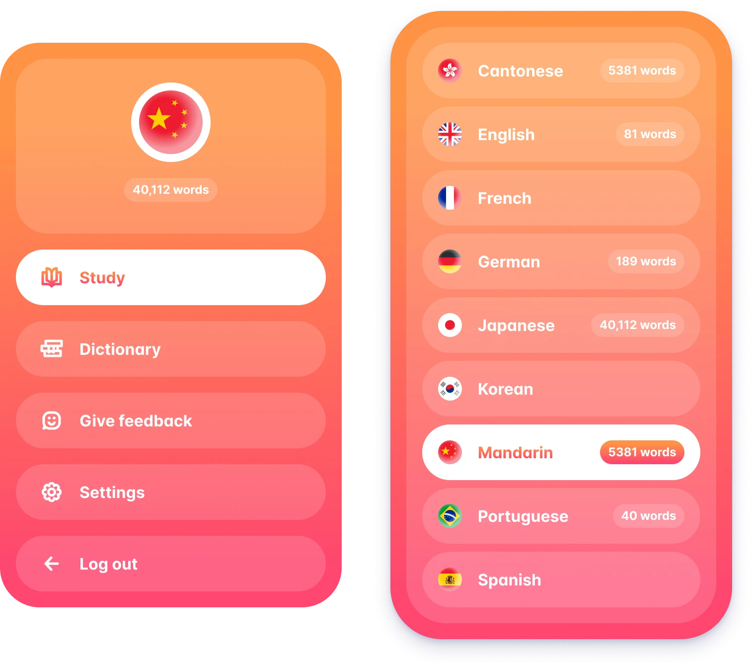 The side menu with an expandable language picker.