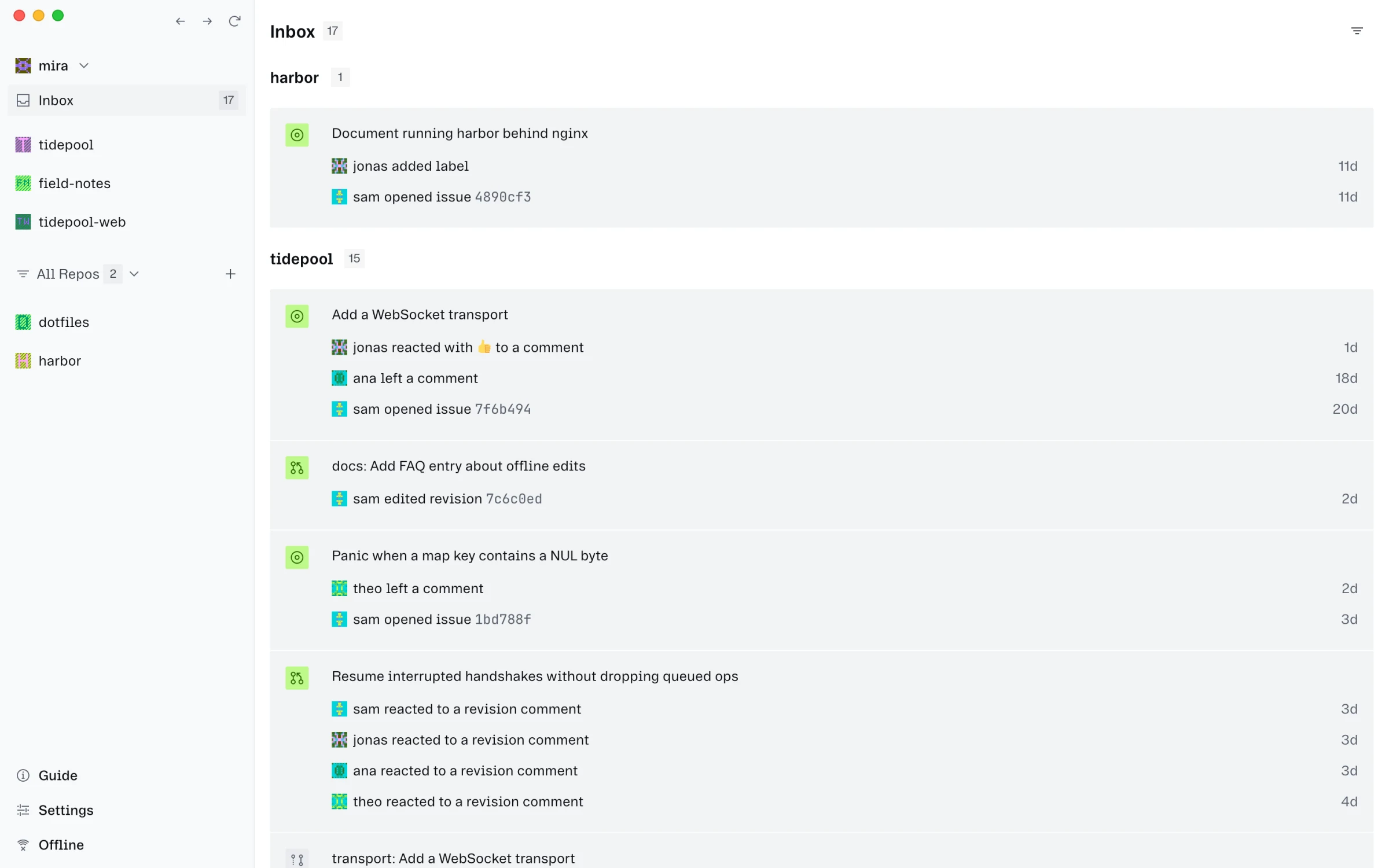 Before: The inbox before, and after, grouped by repository.
