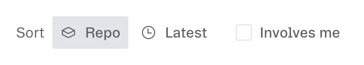 Sort by repo or by time, and filter to what involves you.
