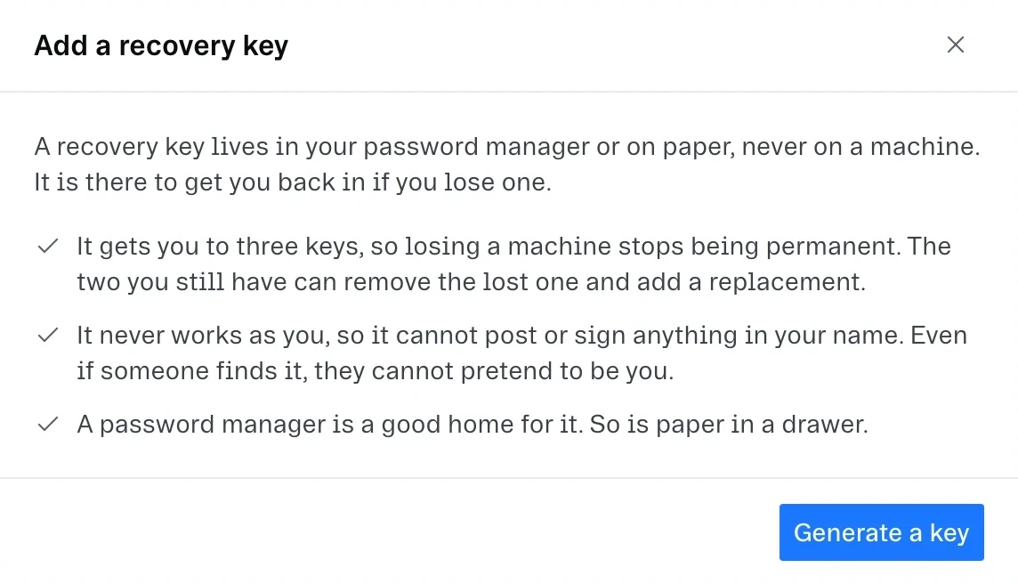 Setting up an offline recovery key.
