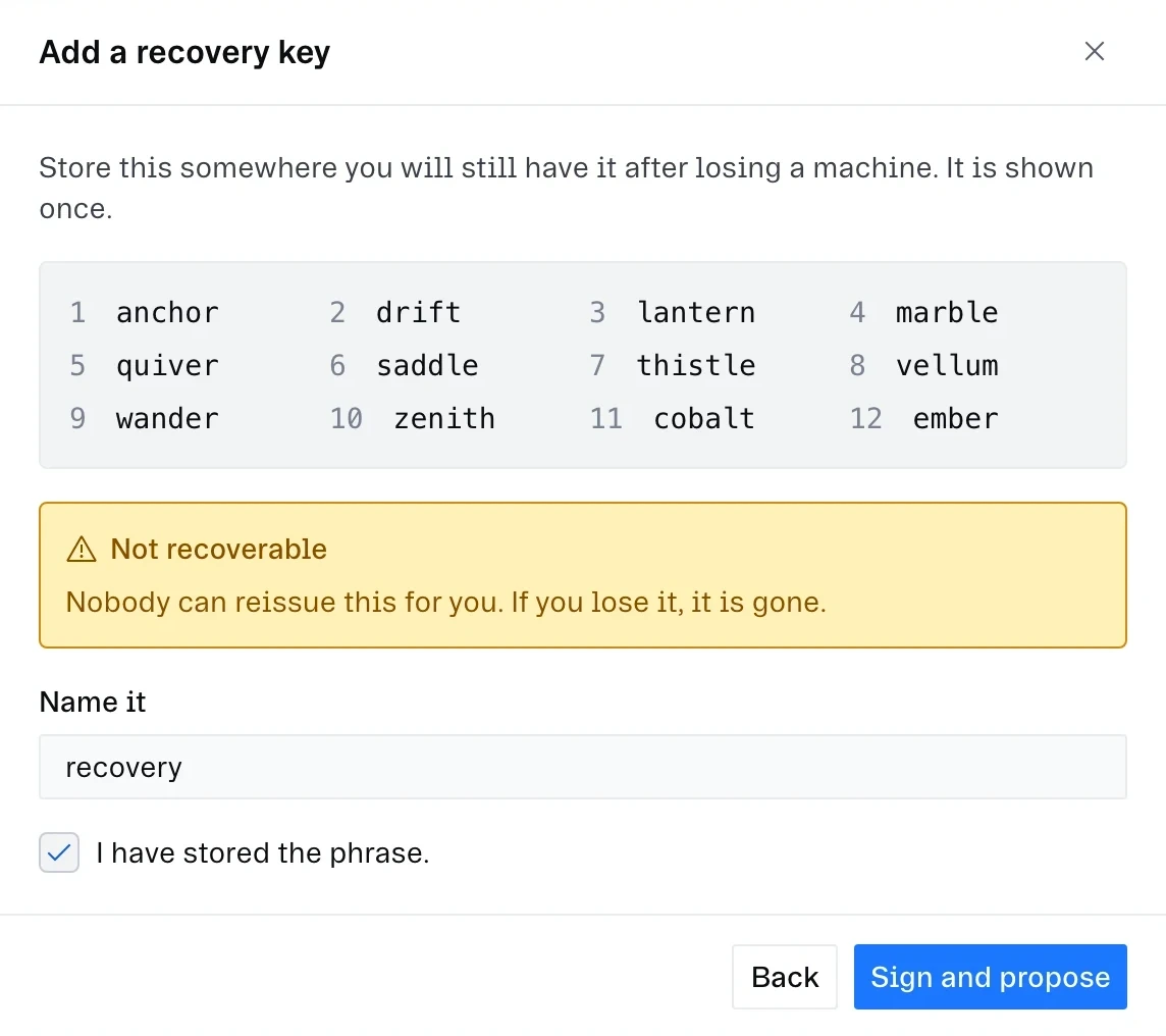 Setting up an offline recovery key.