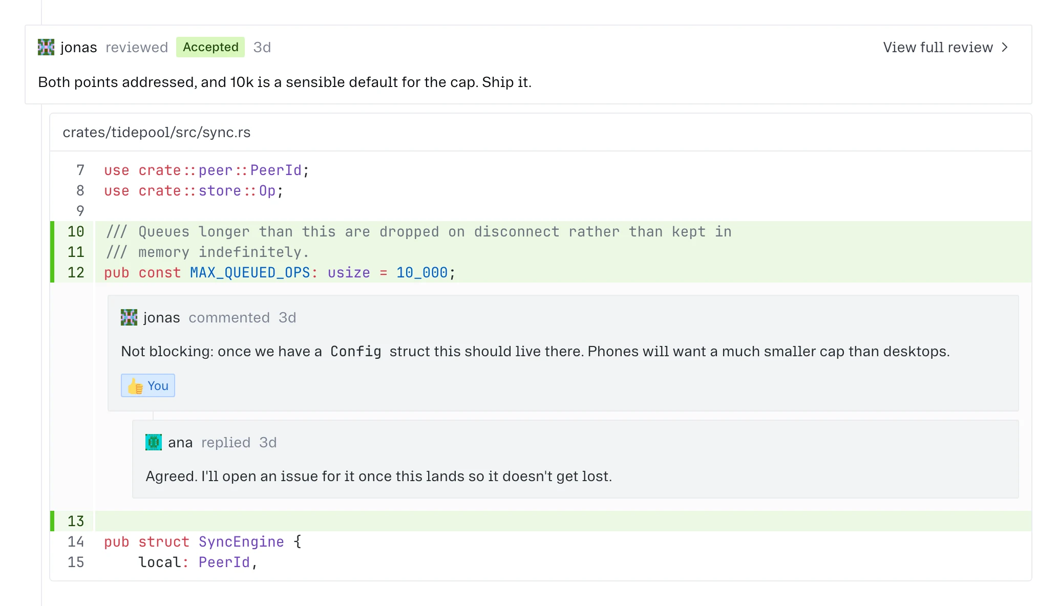 Review verdicts, and a review expanded with its code comments.