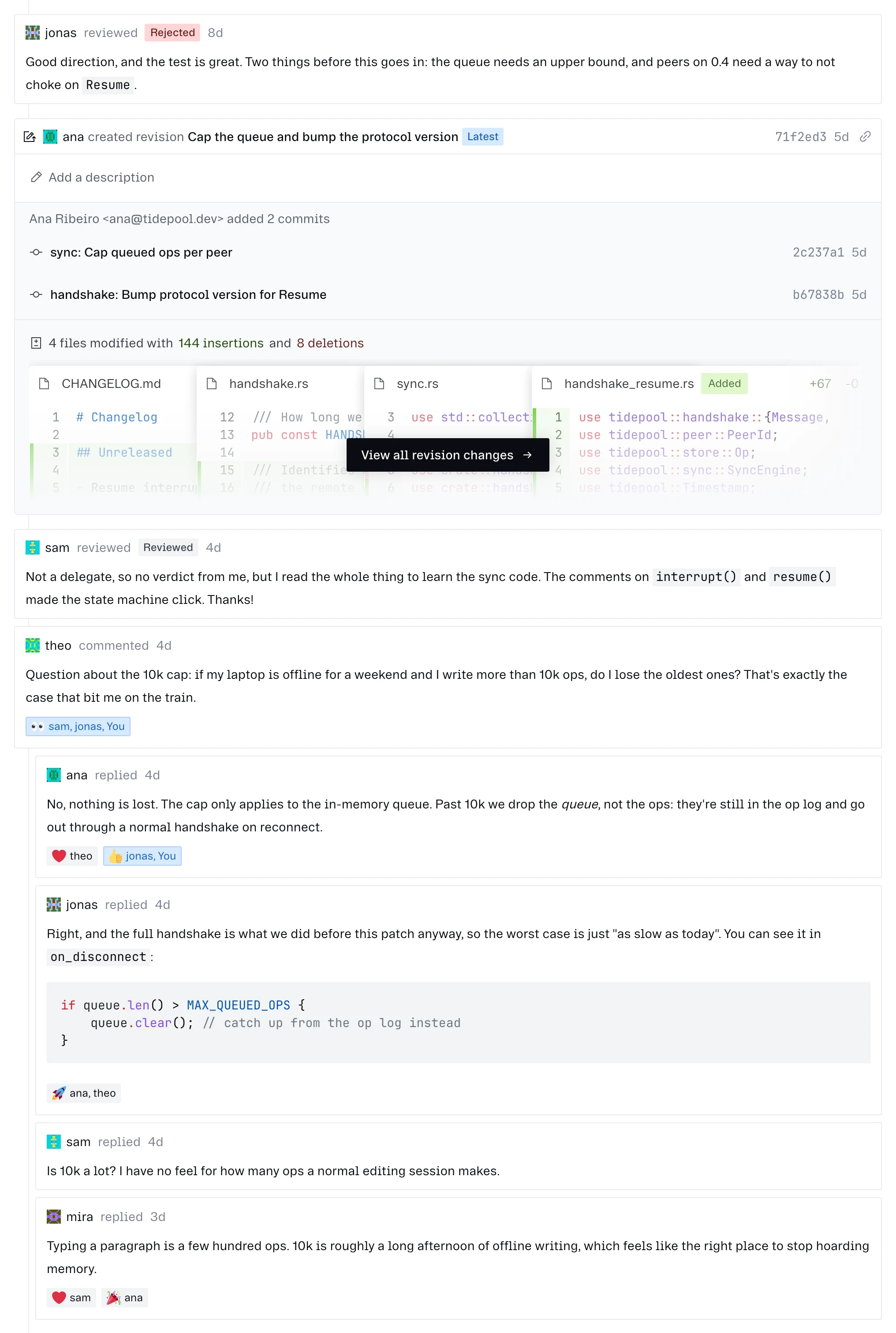 Review verdicts, and a review expanded with its code comments.