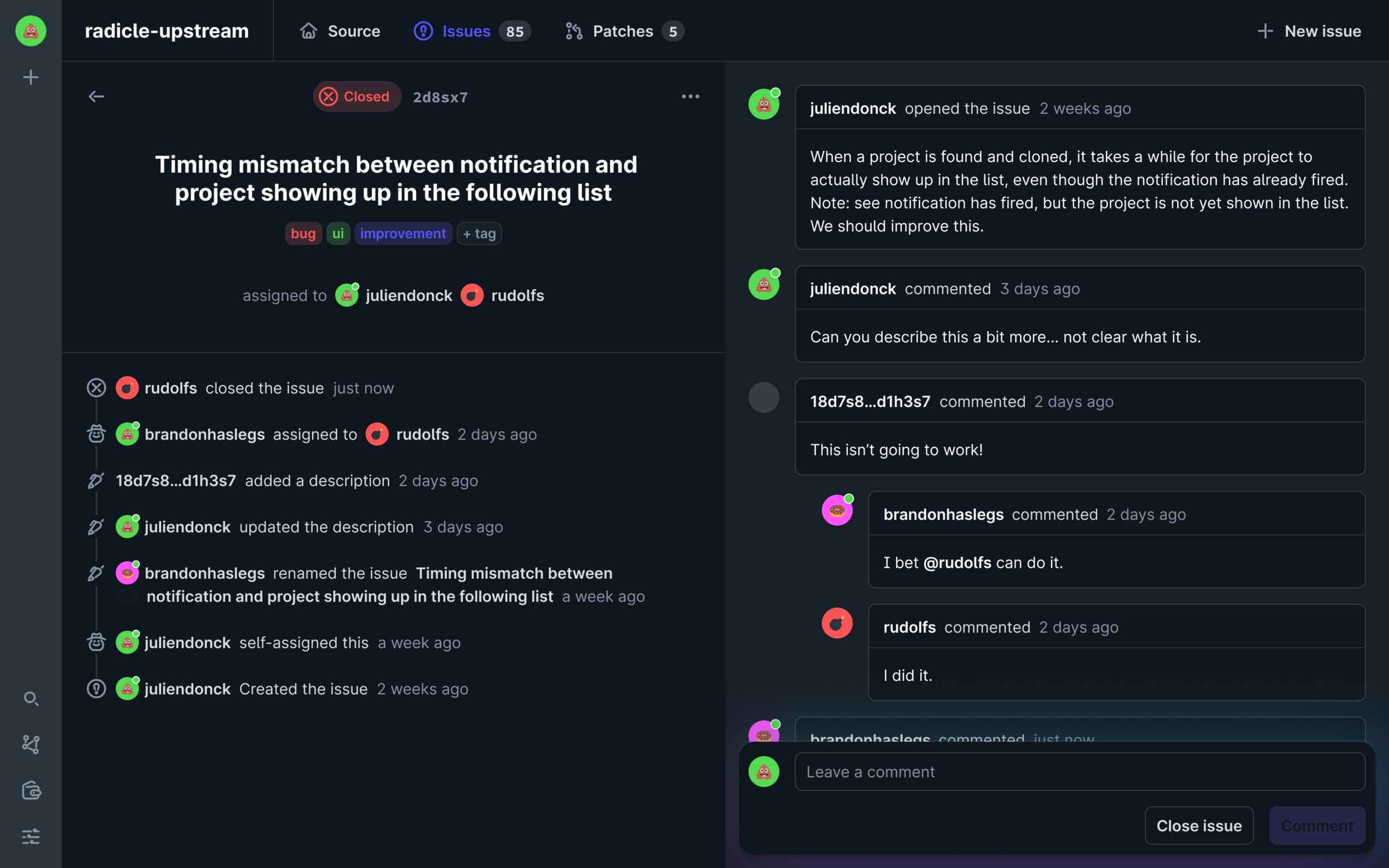 The life cycle of an issue page with a few comments.